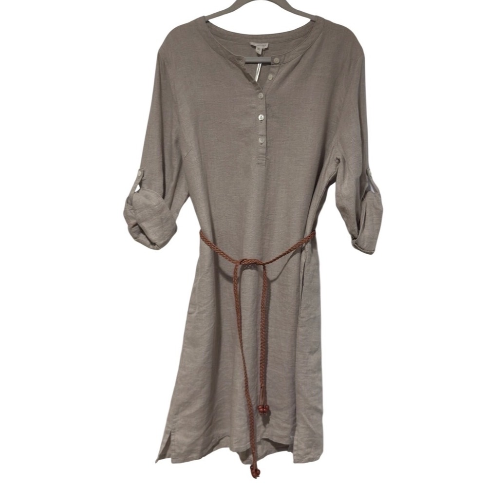 Garnet Hill 100% Linen Shirt Dress Size 16 Beige Belted Relaxed Fit NWT